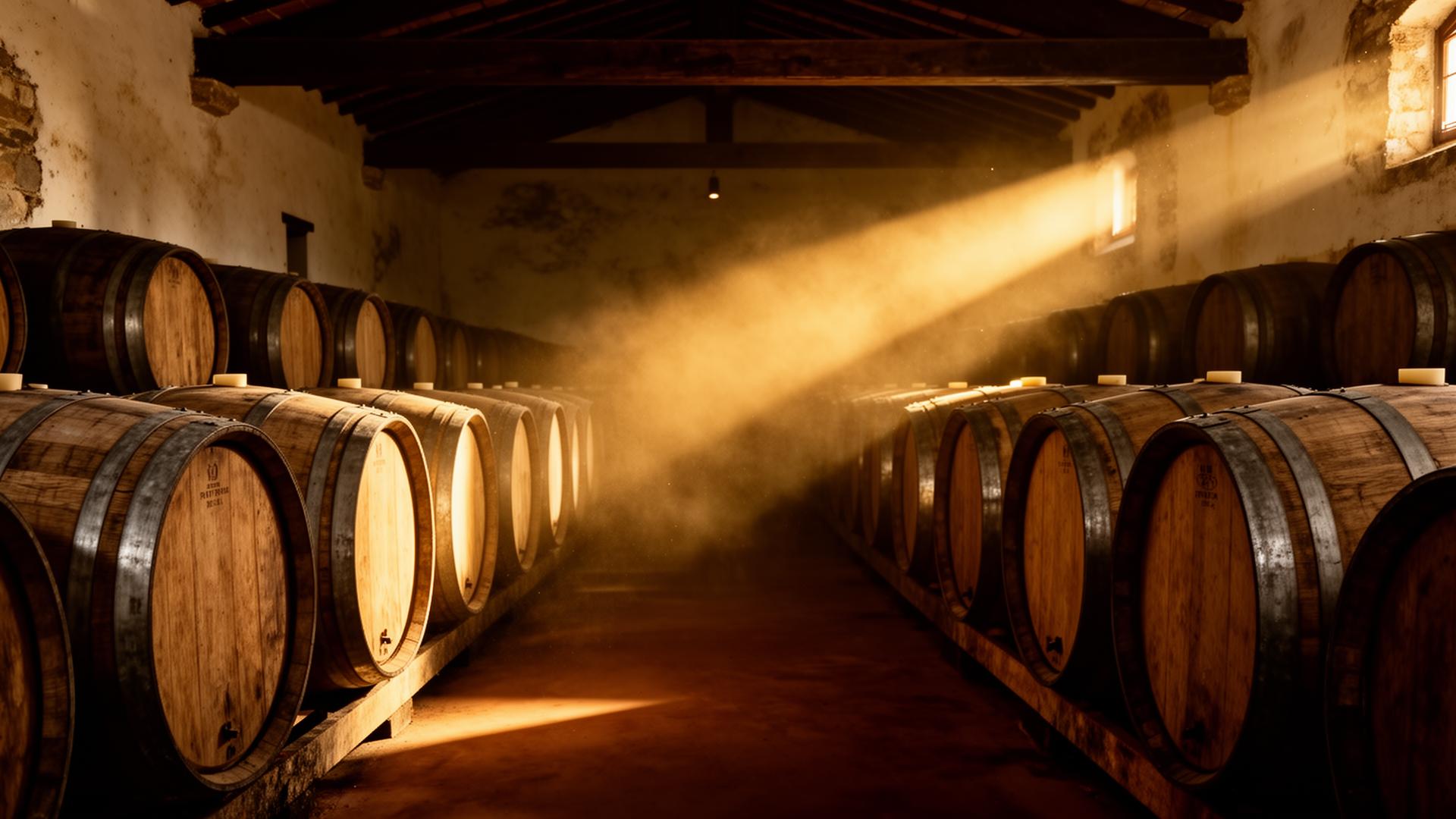 Barricas de roble envejecido en una bodega tradicional española iluminada por un rayo de luz