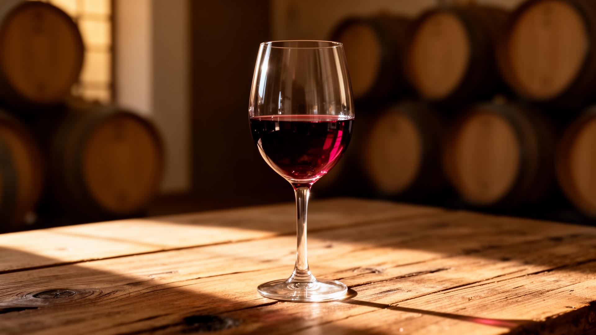 Copa de vino sobre una mesa de bodega, La Vid Española